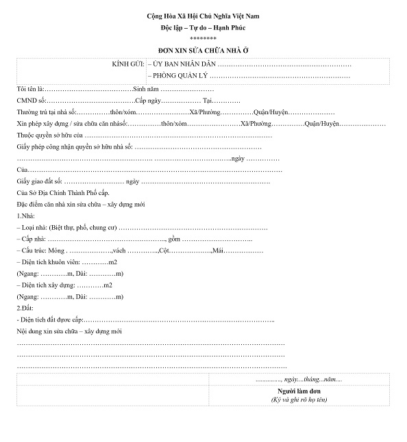 Mẫu đơn xin phép sửa chữa nhà cấp 4 viết tay
