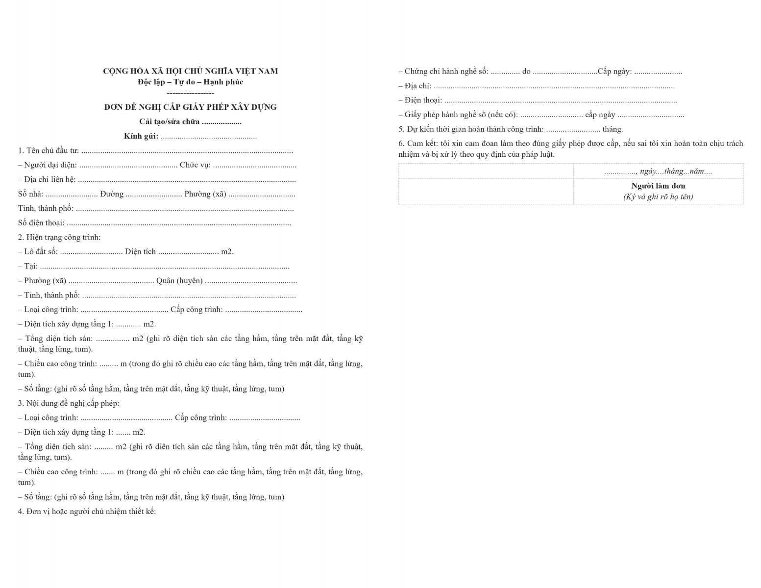 Mẫu đơn xin cấp phép sửa chữa nhà cấp 4 in sẵn